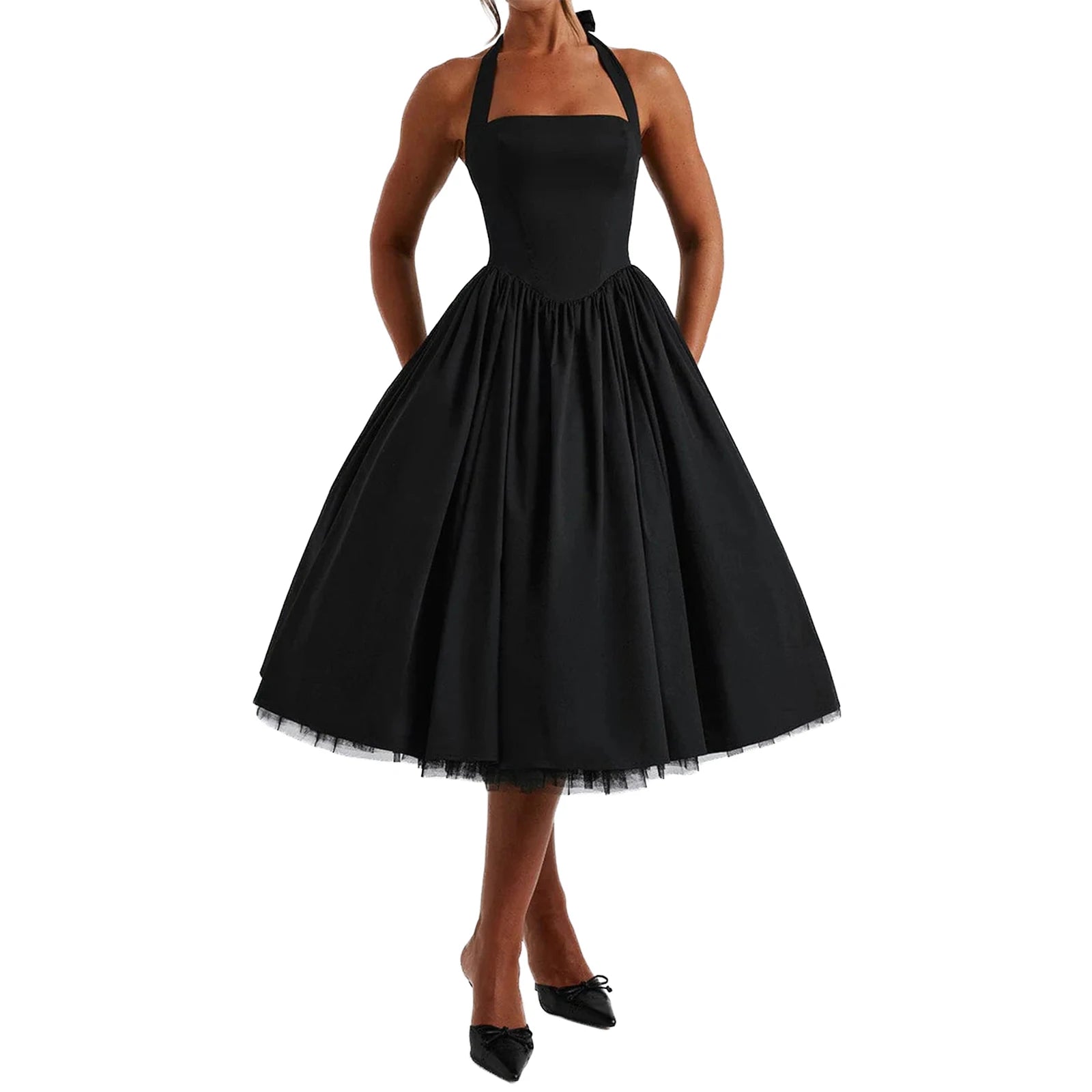 Hirigin Velvet Sleeveless Midi Dress With Halter Neck Open Back