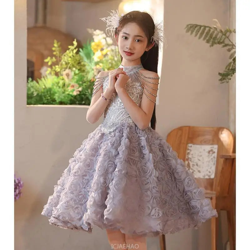 2025 Girls Princess Dress Short Birthday Party Pageant Gown Kids Costume Piano Recital Formal Outfit Children Summer Clothes