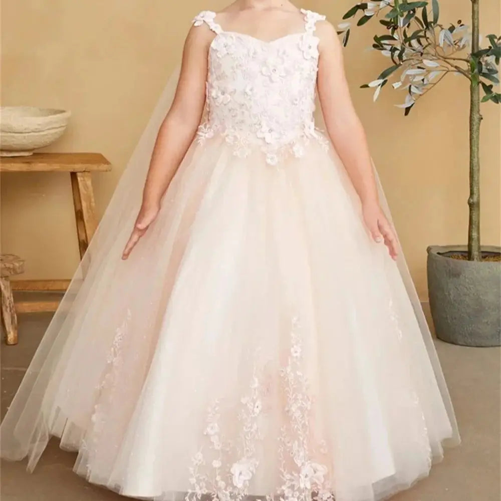 White Flower Girl Dress For Wedding Sleeveless Lace Applique Floor Lenght Kids  Birthday Party First Communion Ball Gown Custom