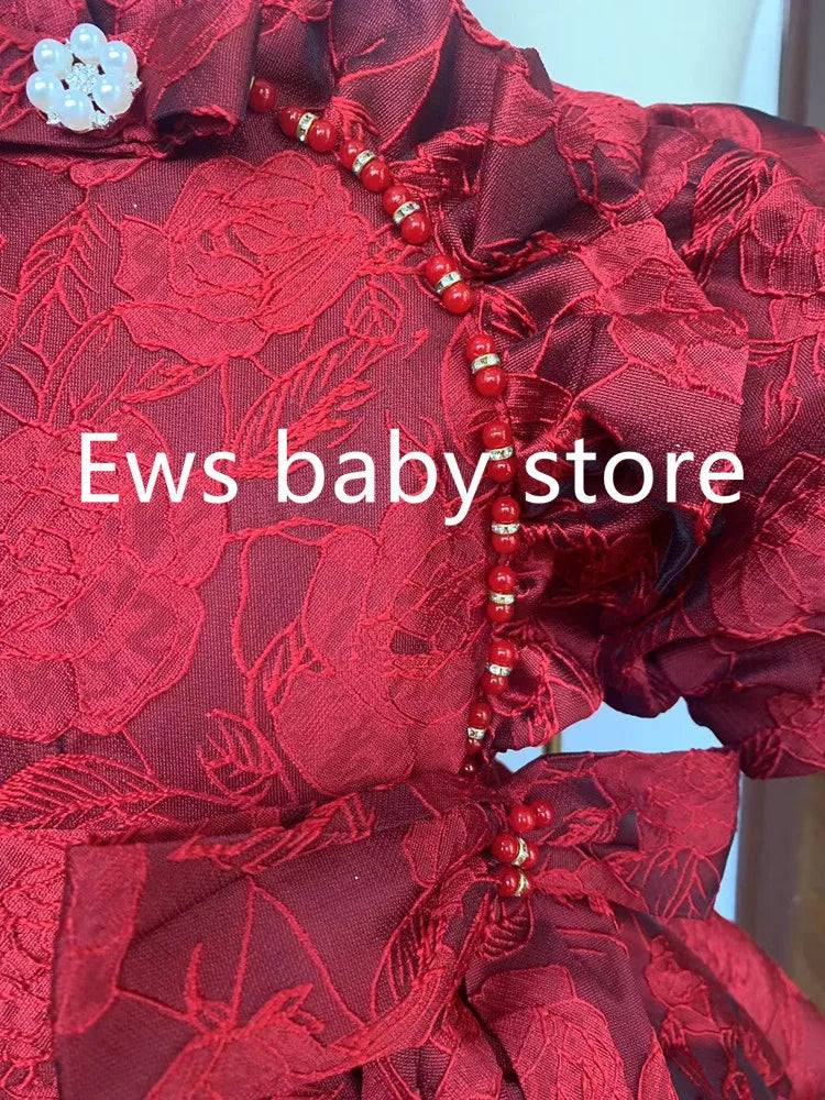 Summer New Children's Princess Ball Gown Kids Bow Puff Sleeve Design Wedding Birthday Baptism Party Red Dresses For Eid  A2051