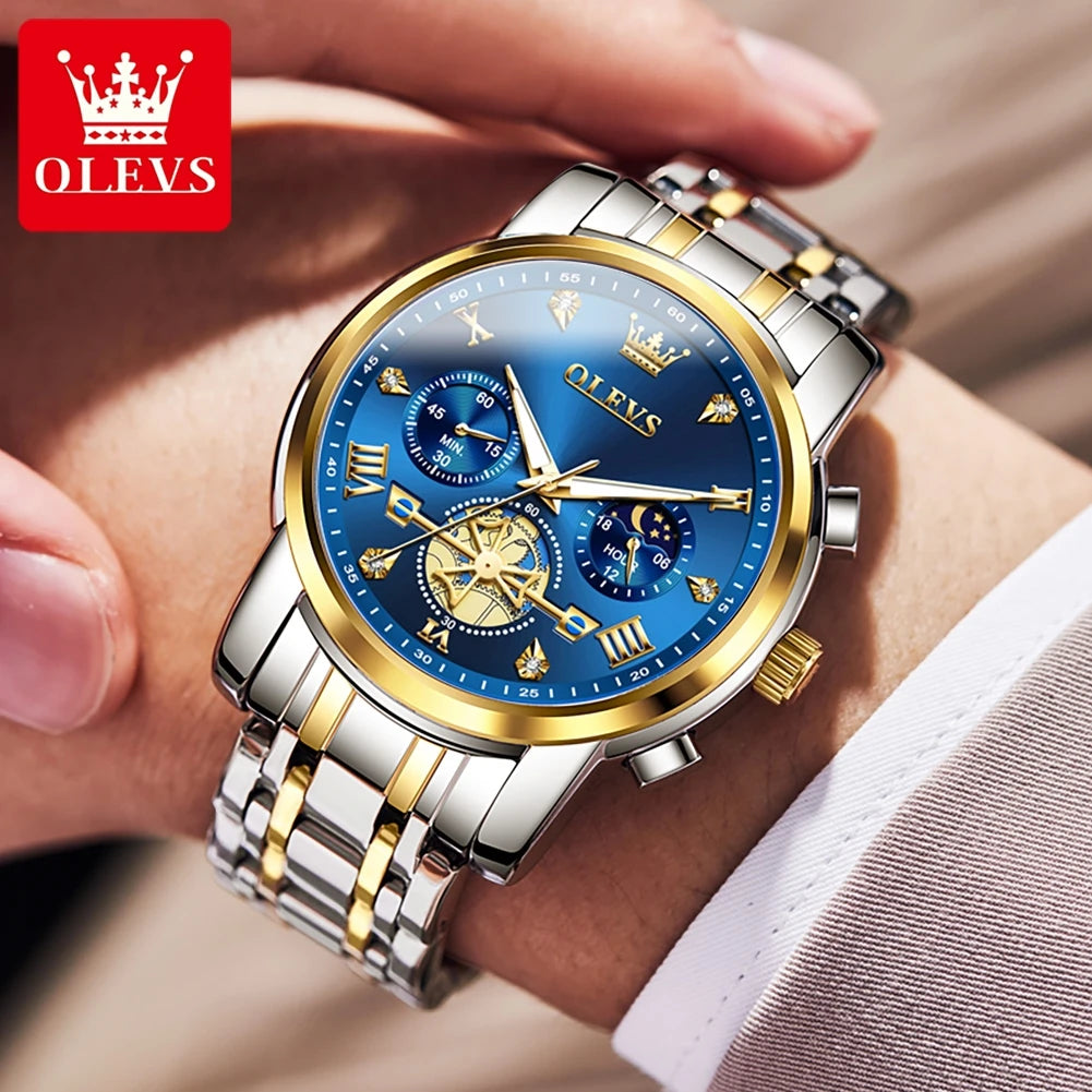 OLEVS 2856 Quartz Watch For Men Flywheel Skeleton Chronograph