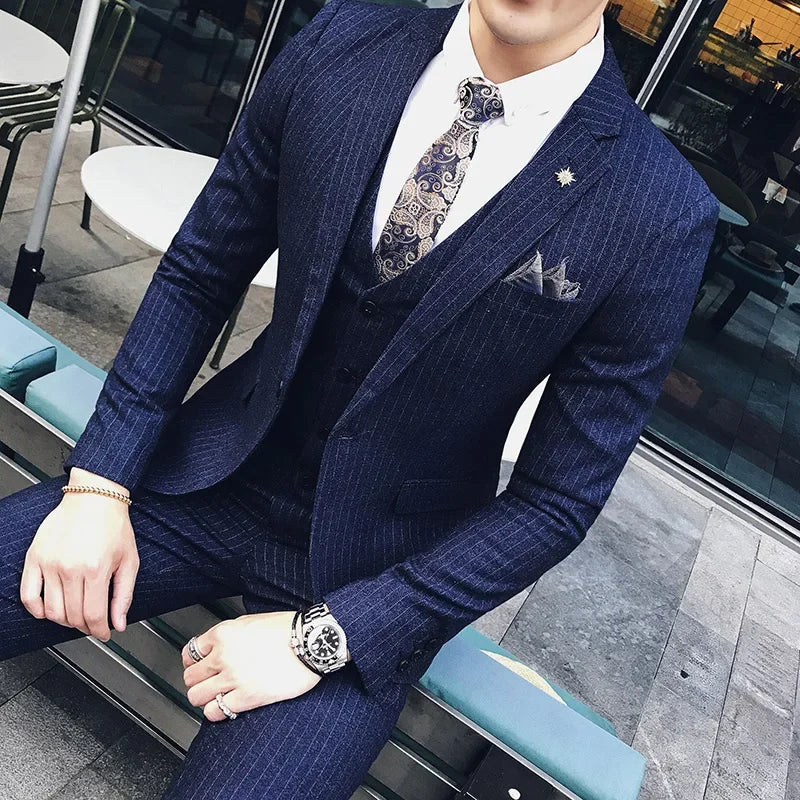 S-7XL (Jacket+Vest+Pants) Fashion Boutique Lattice Formal Business Mens Suit 3Pcs Set Groom Wedding Dress Plaid Suit Show Stage