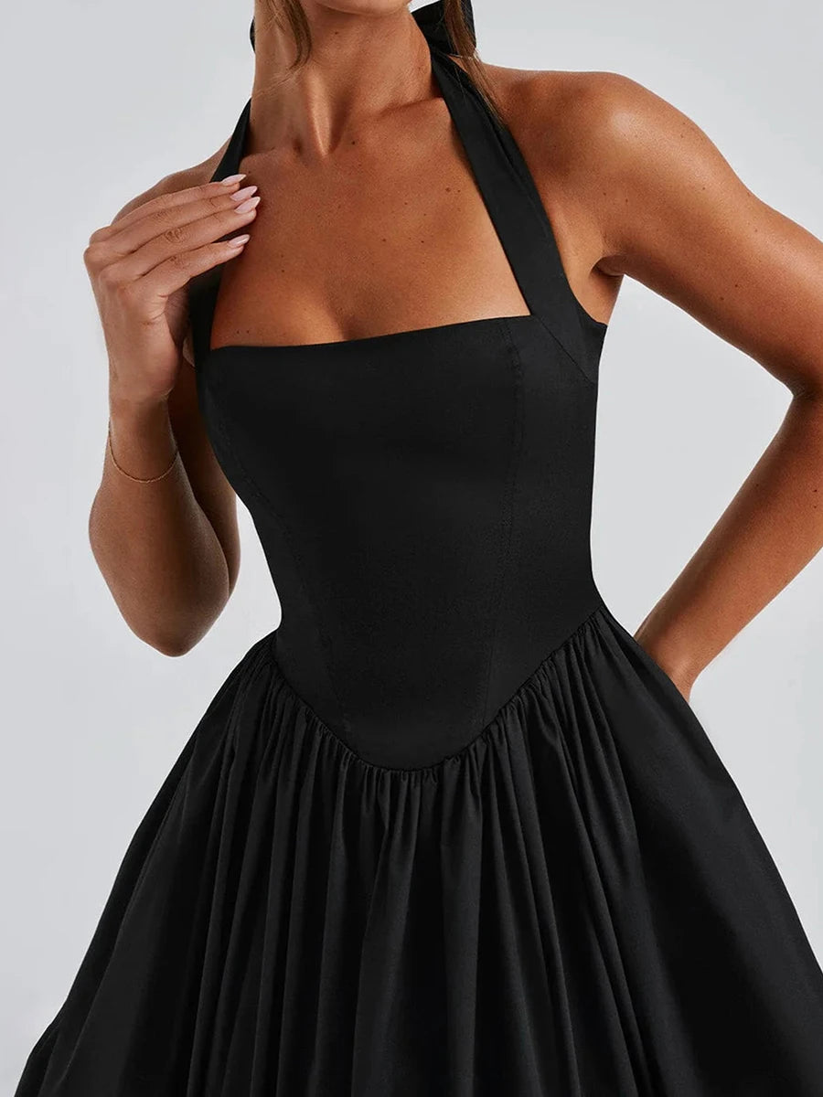 Hirigin Velvet Sleeveless Midi Dress With Halter Neck Open Back