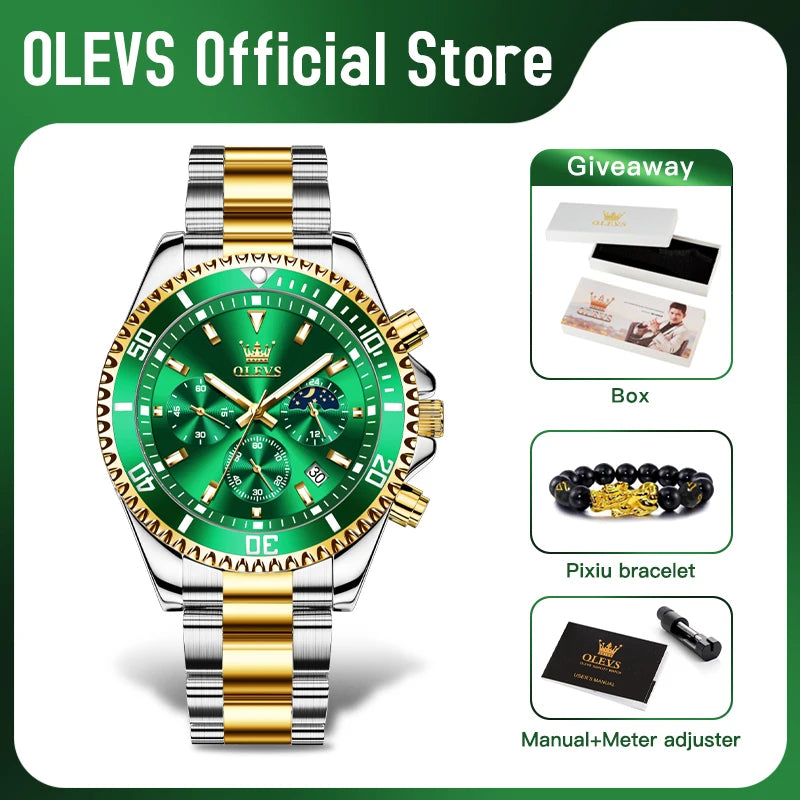 OLEVS Men's Luxury Chronograph Moon Phase Date Stainless Steel Watch