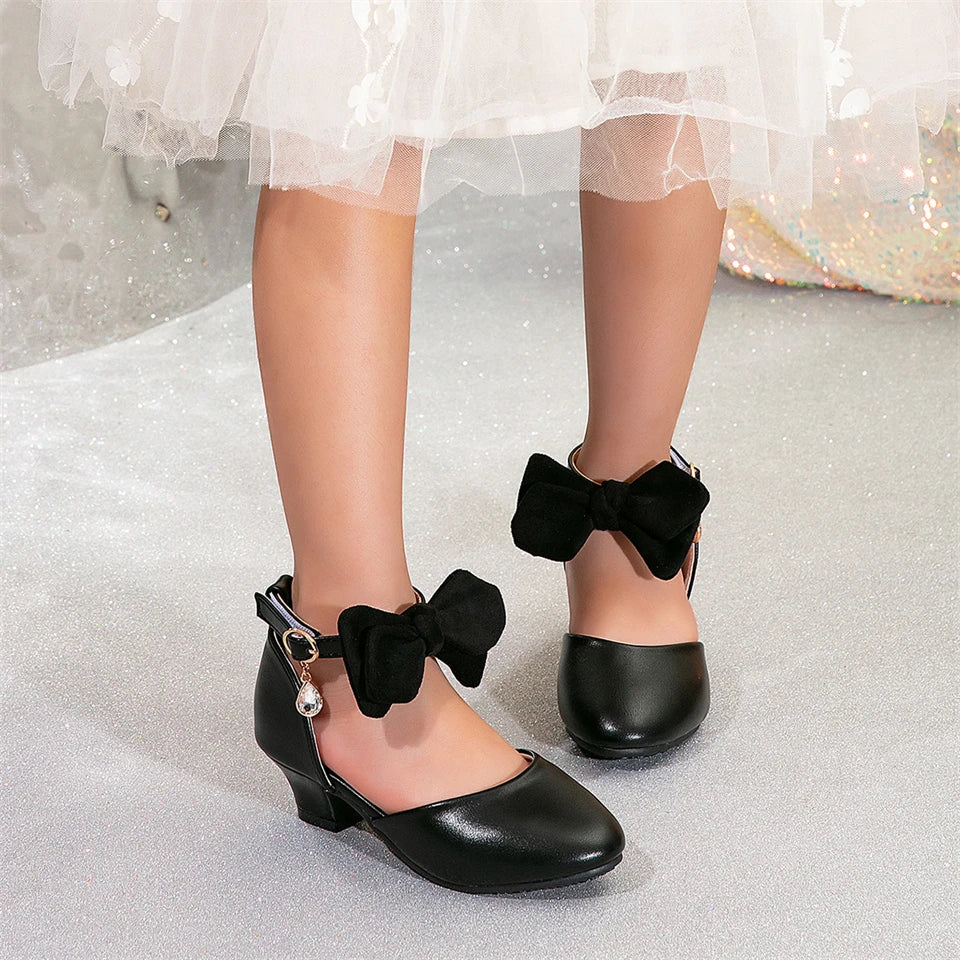 Shiny Luxury Children Wedding Bridesmaids Elegant Party High Heels Leather Shoes Ankle Length Gala Celebration Fancy Girl Sandal