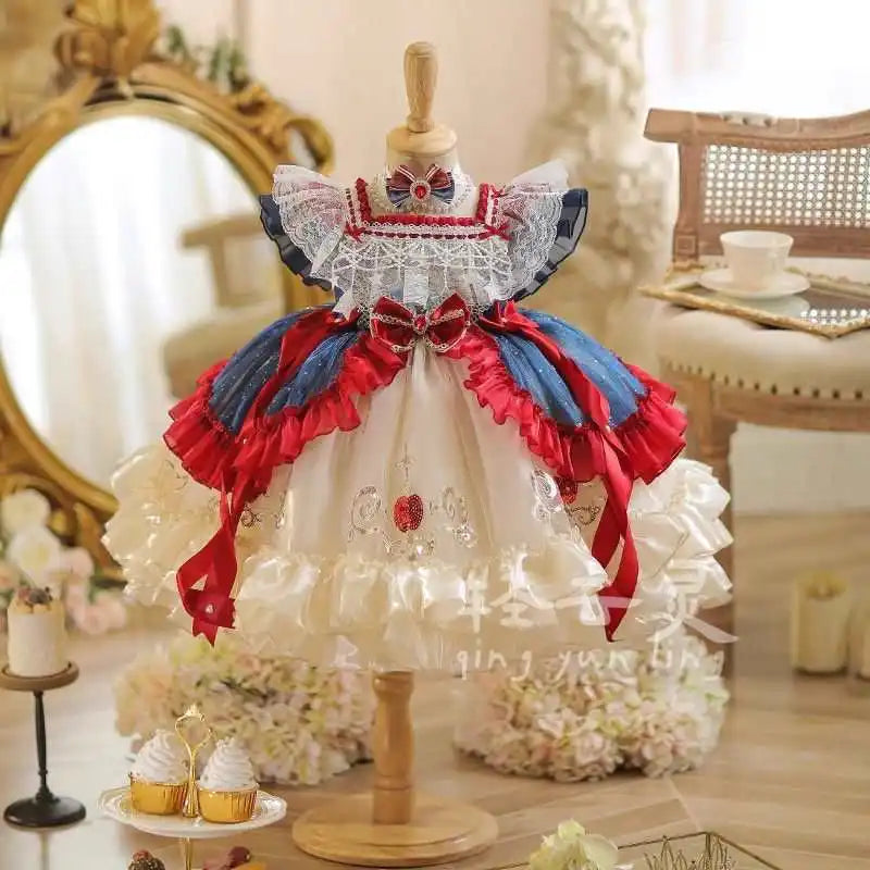 Baby Girl Spanish Princess Lolita Dress for Birthday Party Autumn Winter Royal Blue Velvet Palace Vintage Pompom Boutique Gowns