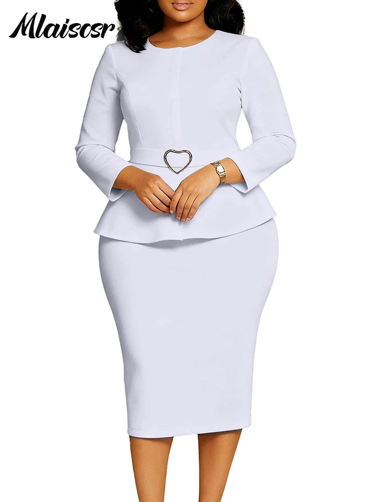 Mlaiscsr African Women Formal Office Dress With Belt O Neck Long Sleeve