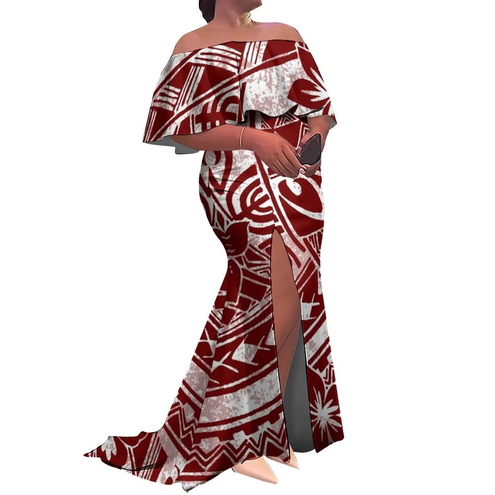 Tax Included Custom  Polynesian Tribal Design  Print Slit Pleated Plus Size Mermaid Dress Off Shoulder Prom Women Dress