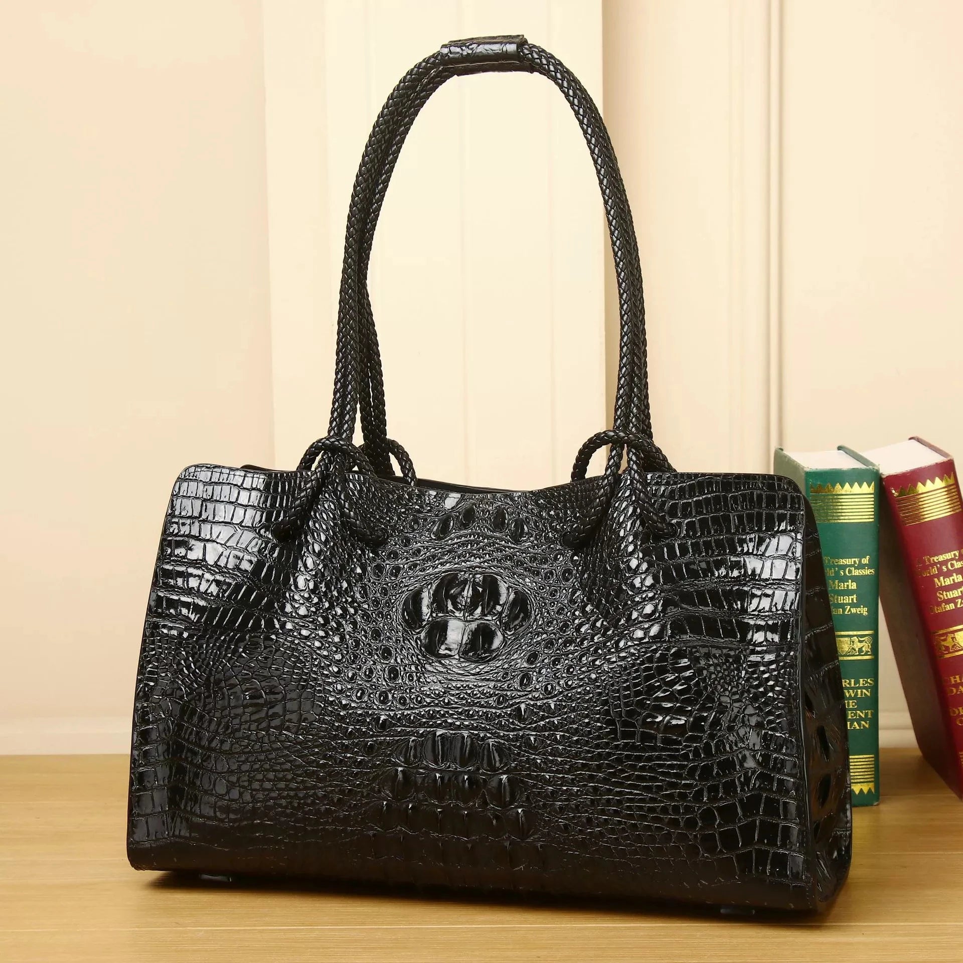 BJYLCN Genuine Leather Womens Travel Tote Bag Crocodile Pattern