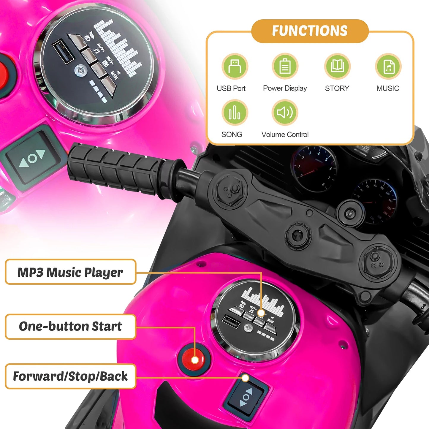 Electric Motorcycle for Kids, 12V Battery Powered Ride on Toys 3 Wheels Motorcycle with LED Lights and Music