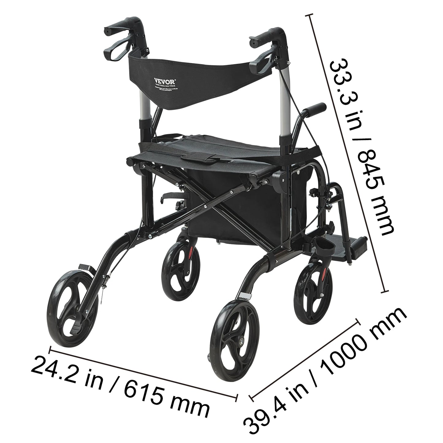 VEVOR 2 In 1 Rollator Walker Transport Chair for Seniors