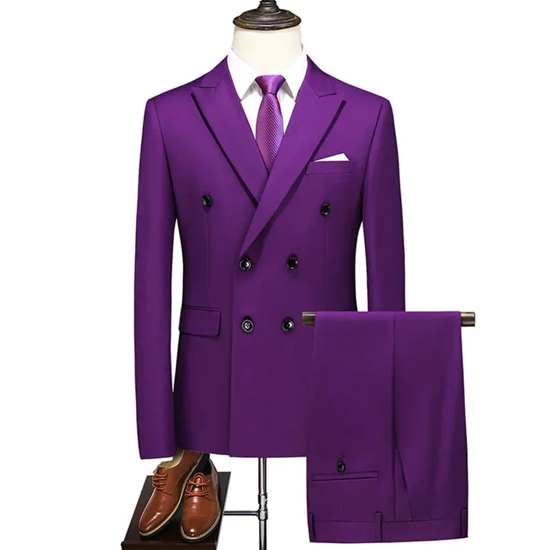 Men's Double Breasted Blazer And Pants Suit British Style Business