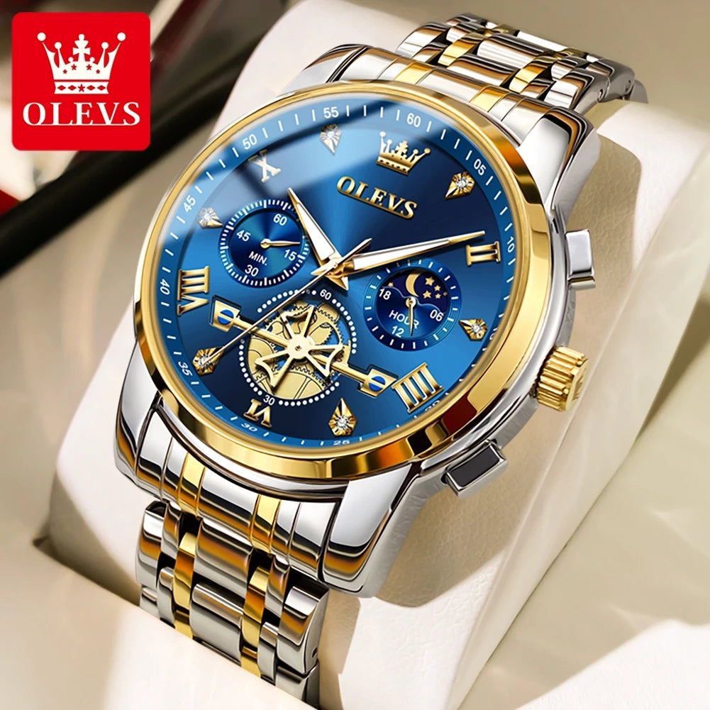 OLEVS 2856 Quartz Men Watch Flywheel Skeleton Chronograph Moon Phase