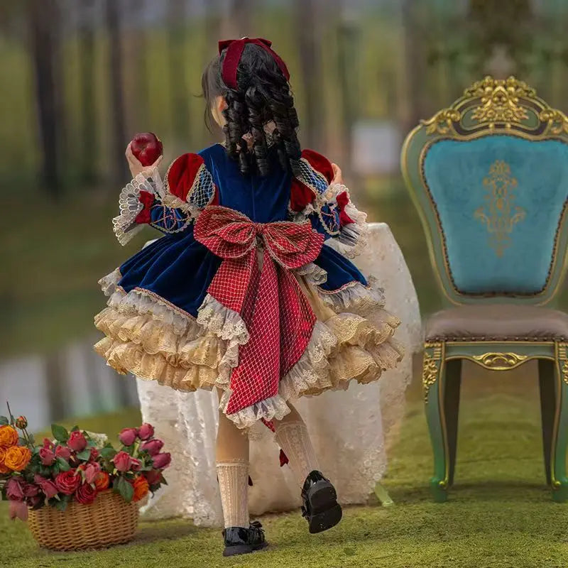 Baby Girl Spanish Princess Lolita Dress for Birthday Party Autumn Winter Royal Blue Velvet Palace Vintage Pompom Boutique Gowns