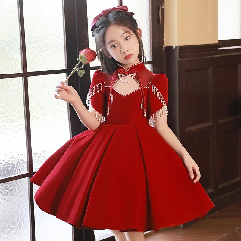 2025 New Red Girls' PrincessElegant Eids,Little Dress, ToddlerSummer Dresses Outfit for Birthday Party Fairy Gown, KidsGirl