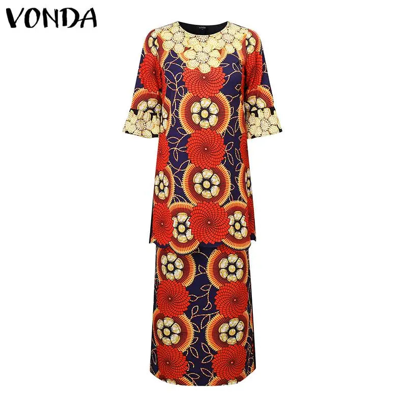 Plus Size 5XL VONDA Women Dress Sets Bohemian Suits Vintage Ethnic Style Floral Printed Long Blouse And Elastic Waist Skirts