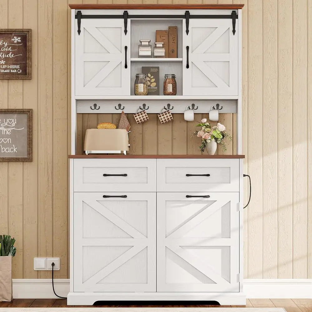 IRONCK Farmhouse Kitchen Pantry Cabinet With Microwave Stand And Charging