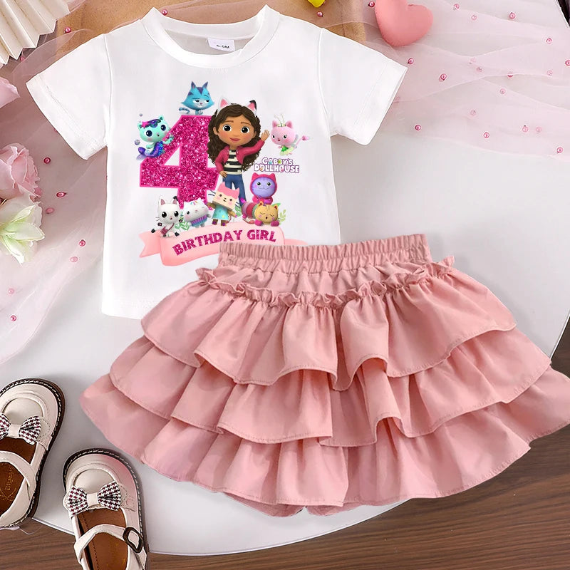Gabby's Dollhouse Sweet Skit T-shirt Set for Girls Anime Cartoon Fashion Dress Short Sleeved Shirt Suit Children Summer Clothes