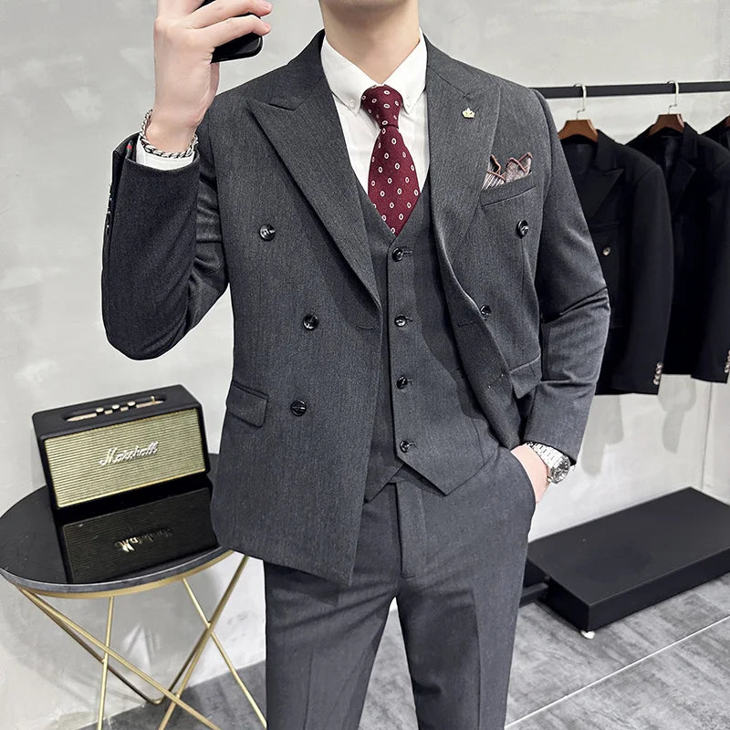 S-7XL (Jacket+Vest+Pants) Fashion Boutique Lattice Formal Business Mens Suit 3Pcs Set Groom Wedding Dress Plaid Suit Show Stage