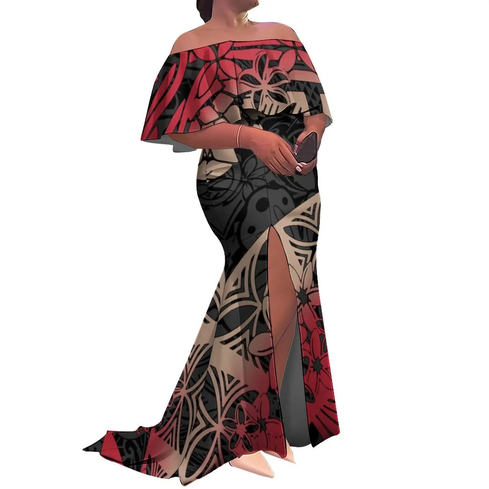 Tax Included Custom  Polynesian Tribal Design  Print Slit Pleated Plus Size Mermaid Dress Off Shoulder Prom Women Dress