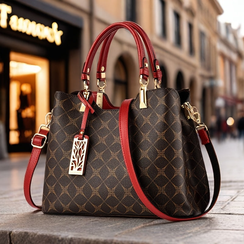 Wo 's High Quality Top-Grain Genuine Leather Handbag with Adjustable   Strap - Large Capacity Geometric Print Handbag, Zipper Closure & Polyester Lining, Available in /Dark Brown/Wine Red/Black for Work, Travel, Shopping, Wor