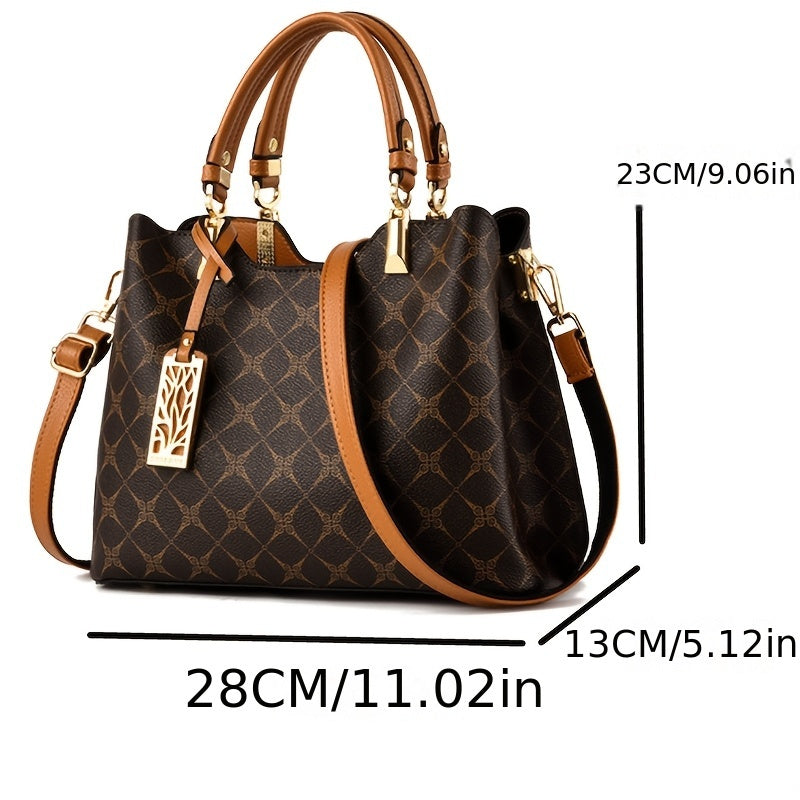 Wo 's High Quality Top-Grain Genuine Leather Handbag with Adjustable   Strap - Large Capacity Geometric Print Handbag, Zipper Closure & Polyester Lining, Available in /Dark Brown/Wine Red/Black for Work, Travel, Shopping, Wor